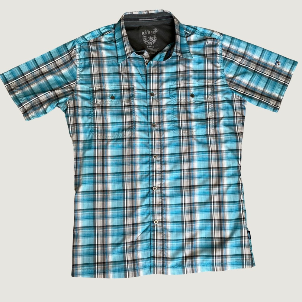 Kuhl Eluxur Men's Small Blue Plaid Short Sleeve Hiking Shirt Button Up